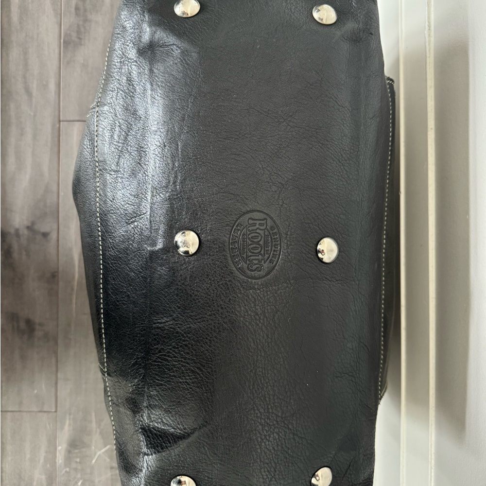 Roots Black Leather Tote Bag with front slit pocket. - Picture 6 of 7